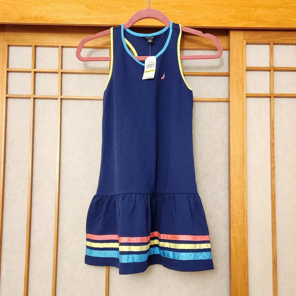 NAUTICA Big Girls Deep Navy Ribbon Border Dress size 8/10 NEW Yellow Red NEW tag